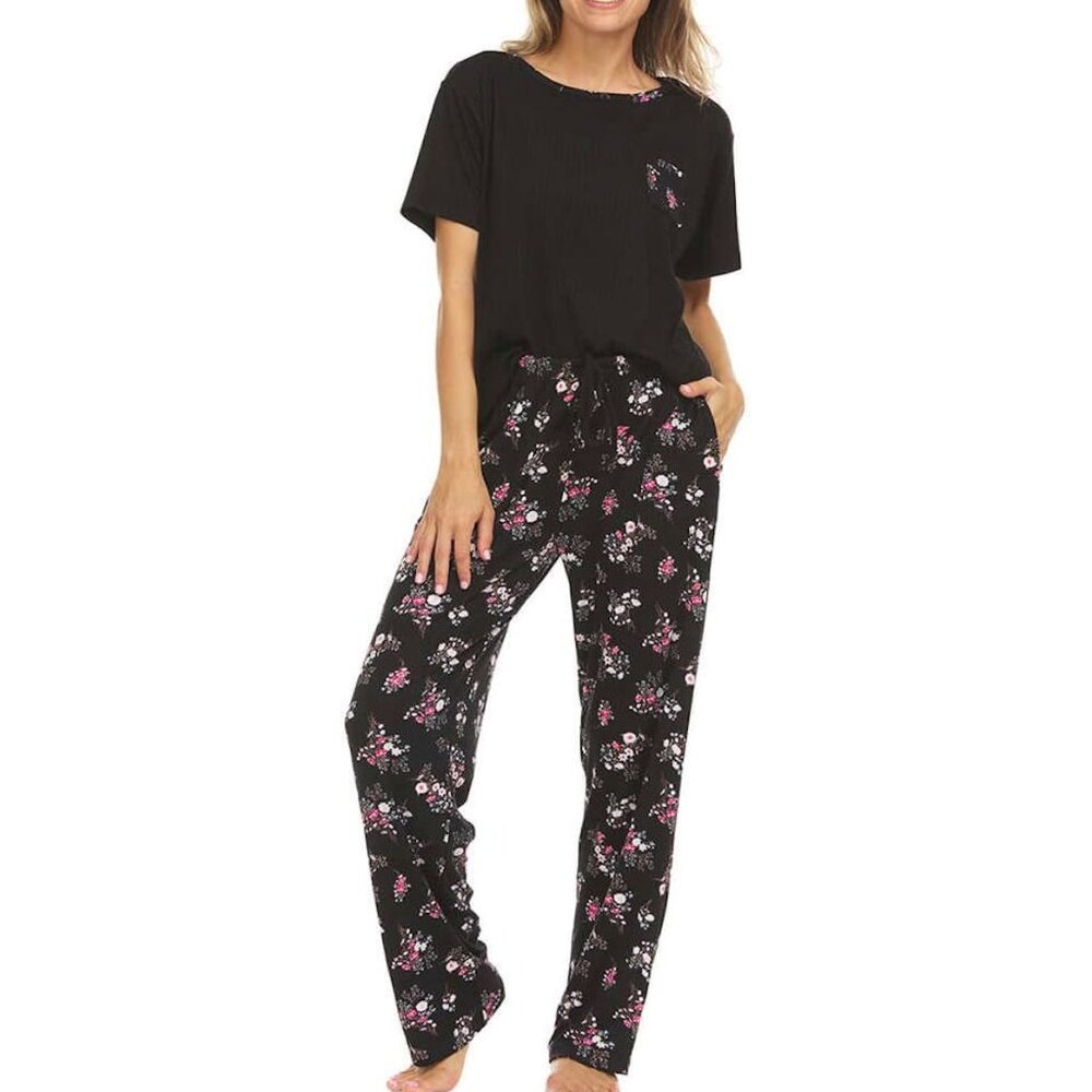 NEW Flora Nikrooz Women 2 Piece Set Black Floral T-Shirt & Pant Pajamas